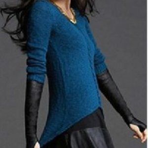 Cabi #470 Teal Blue Textured Cable Knit Sweater